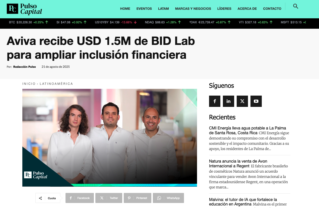 Aviva receives USD 1.5 million from IDB Lab to expand financial inclusion. Source: Pulso Capital.