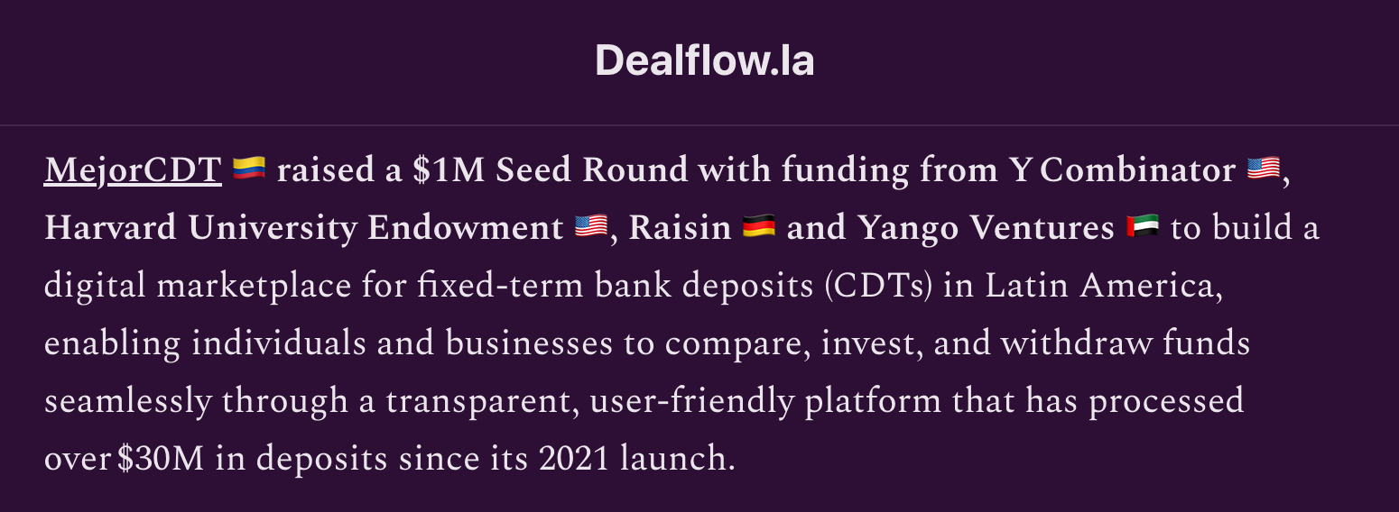 Luable (MejorCDT) raised a $1M Seed Round with funding from Y Combinator. Source: dealflow.la