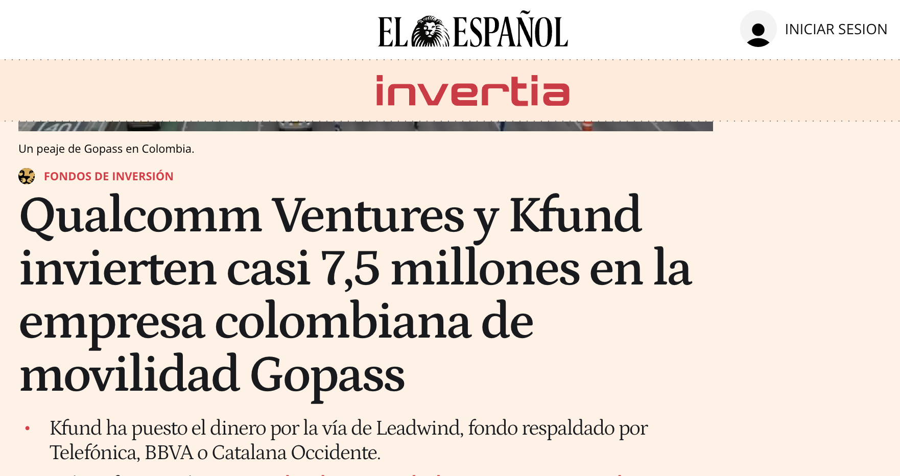 Qualcomm Ventures and Kfund invest nearly $7.5 million in Colombian mobility company Gopass. Source: Invertia (El Español)