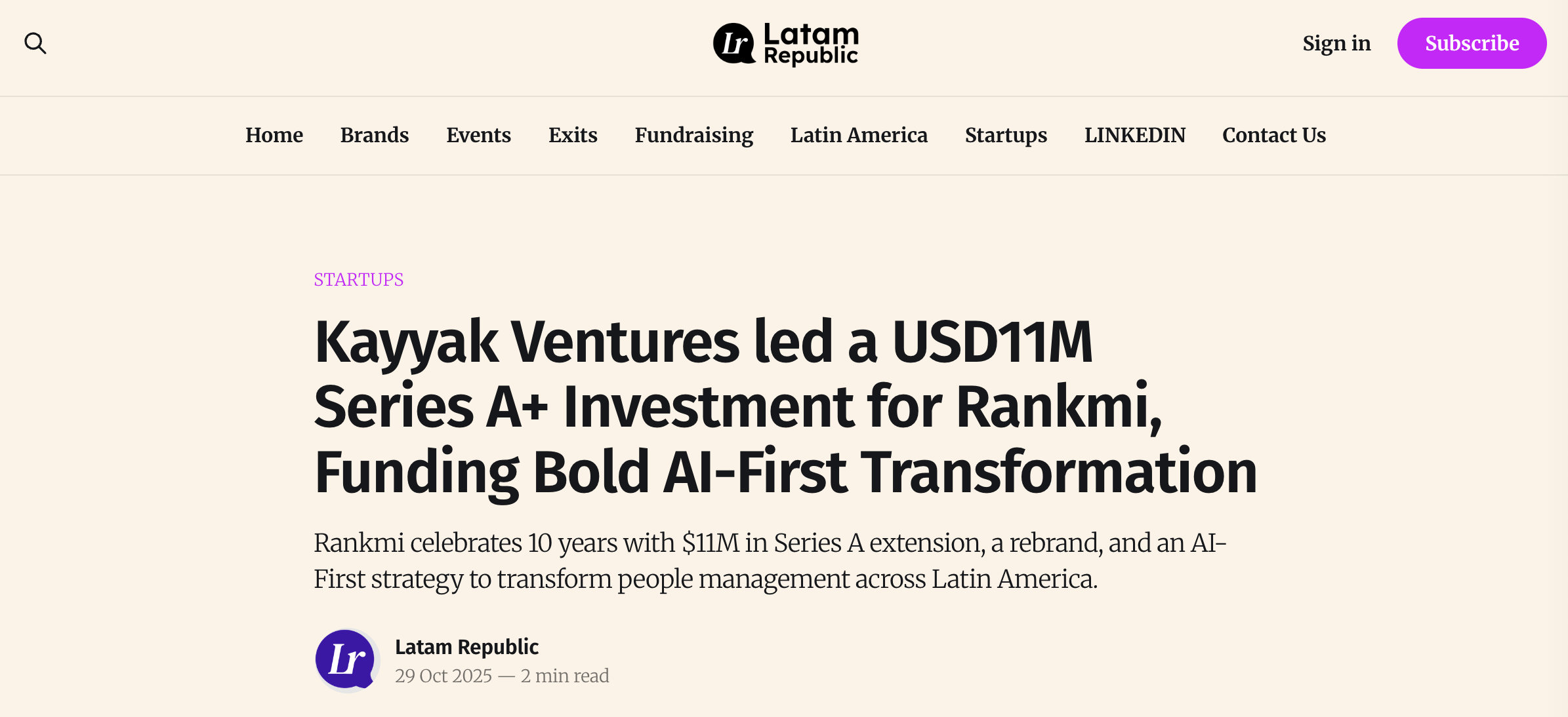 Kayyak Ventures led a USD11M Series A+ Investment for Rankmi, funding bold AI-Fist Transformation. Source: Latam Republic.