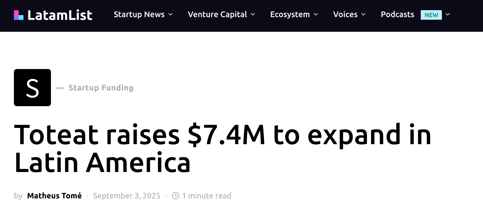 Toteat raises $7.4M to expand in Latin America. Source: LatamList.