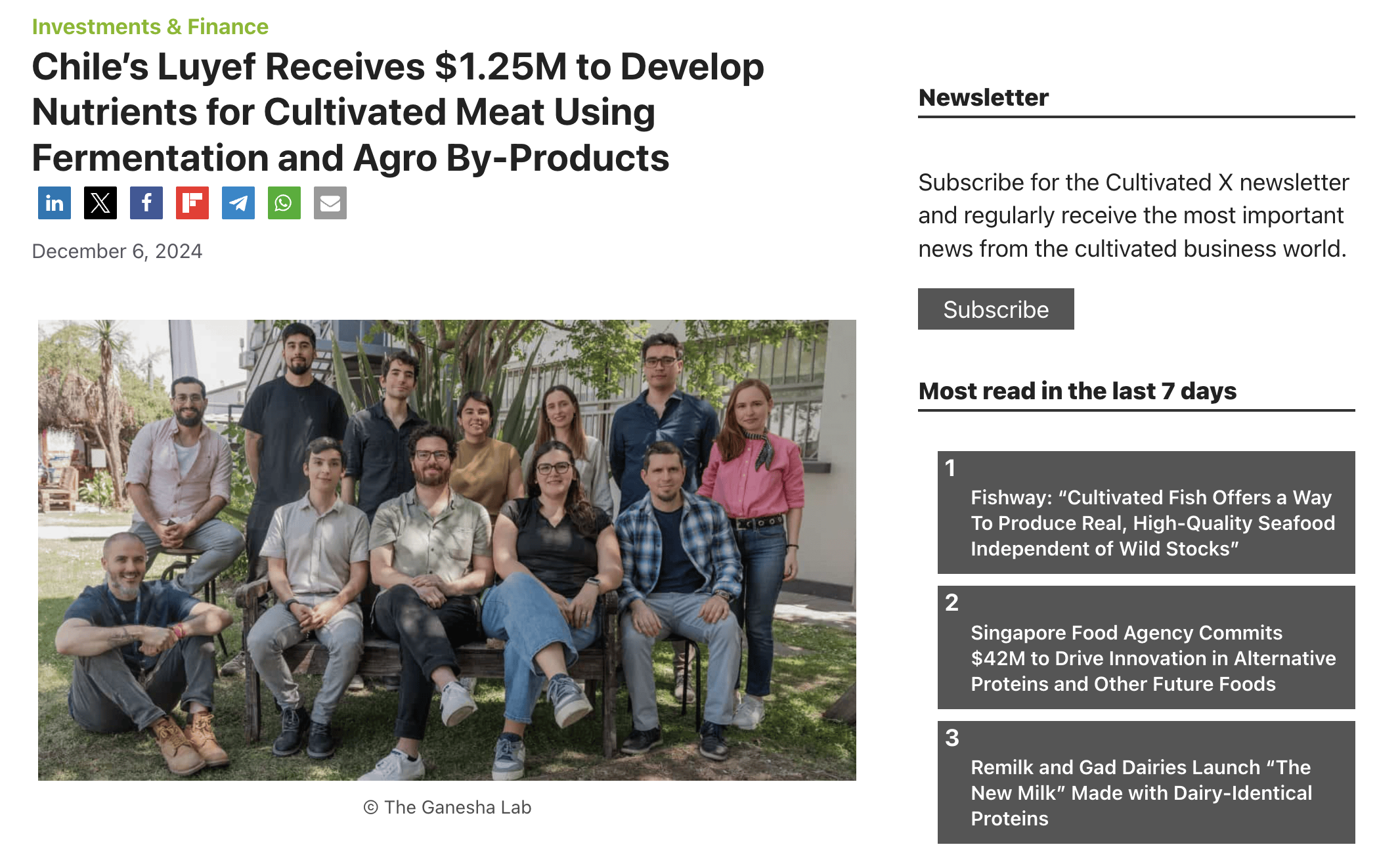 Chile's Luyef receives $1.25M to develop nutrients for cultivated meat using fermentation and Agro By-Products. Source: Cultivated X.