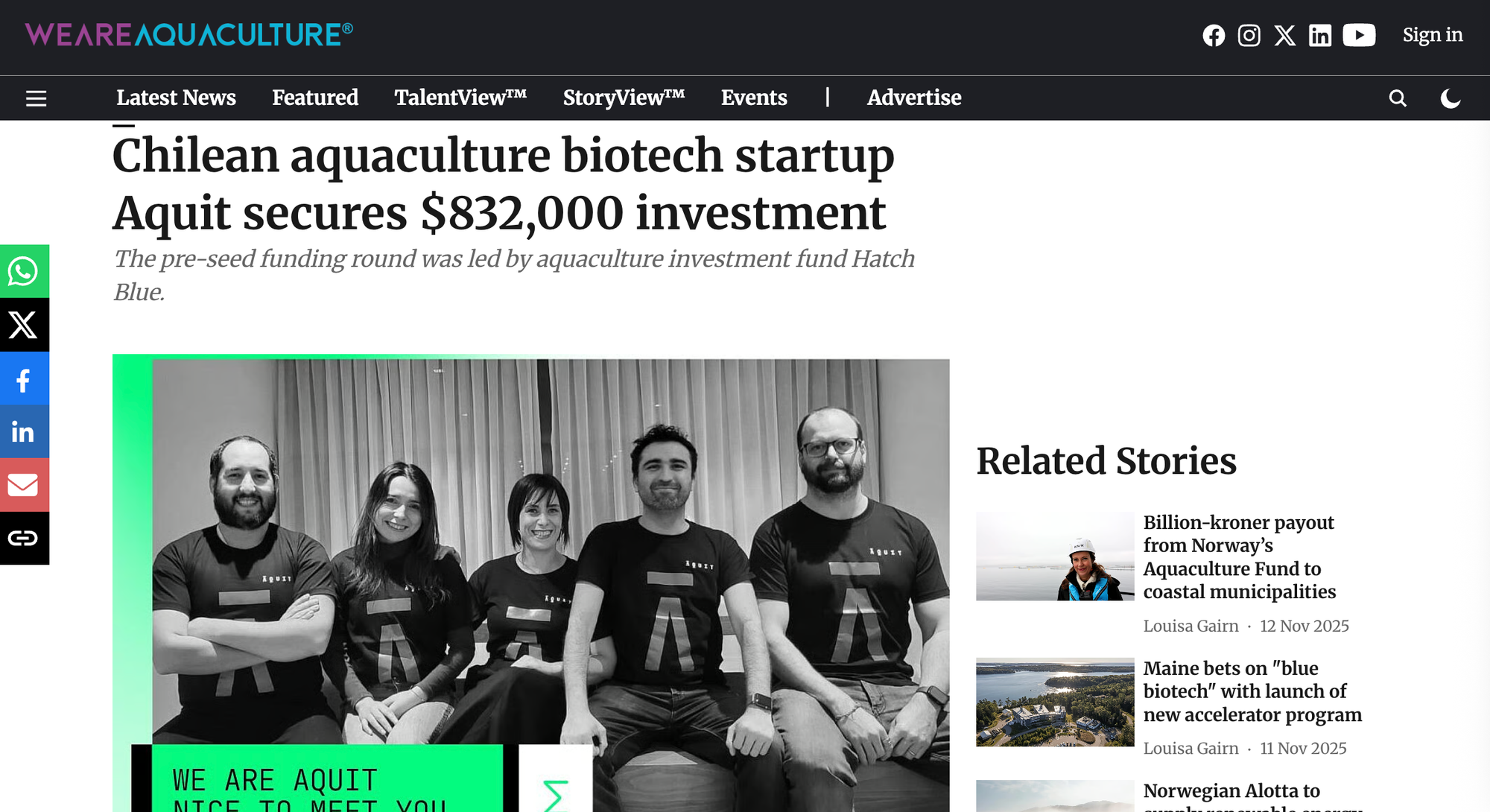 Chilean aquaculture biotech startup Aquit secures $832,000 investment. Source: We Are Aquaculture.