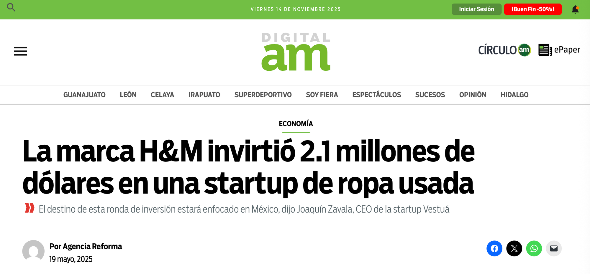 The H&M brand invested $2.1 million in a secondhand clothing startup. Source: AM México